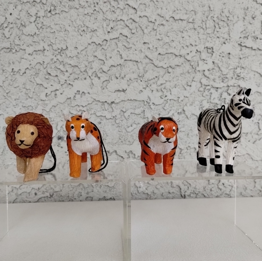 Set of 4 Handcrafted Papier-Mâché Safari Animal Ornaments Zebra Lion Tiger Cheet